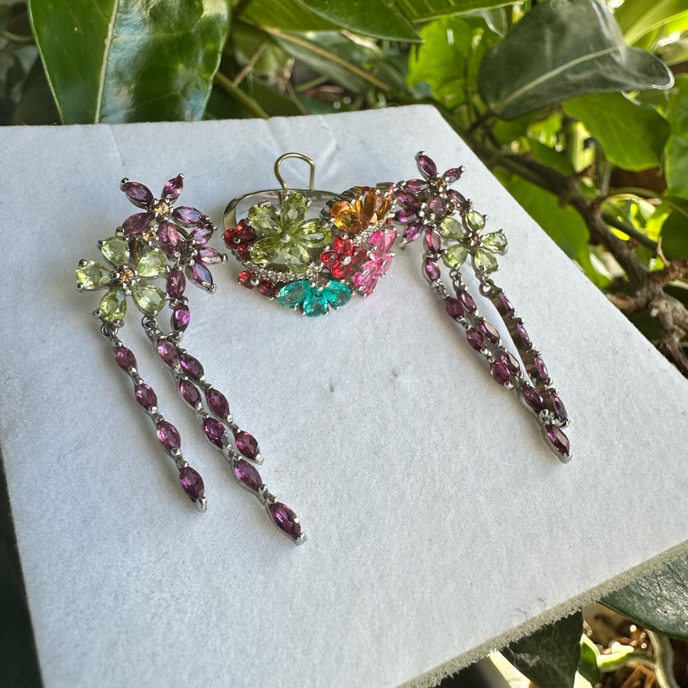 Sterling silver Topaz, Peridot, Garnet and Amethyst Flower Jewelry
